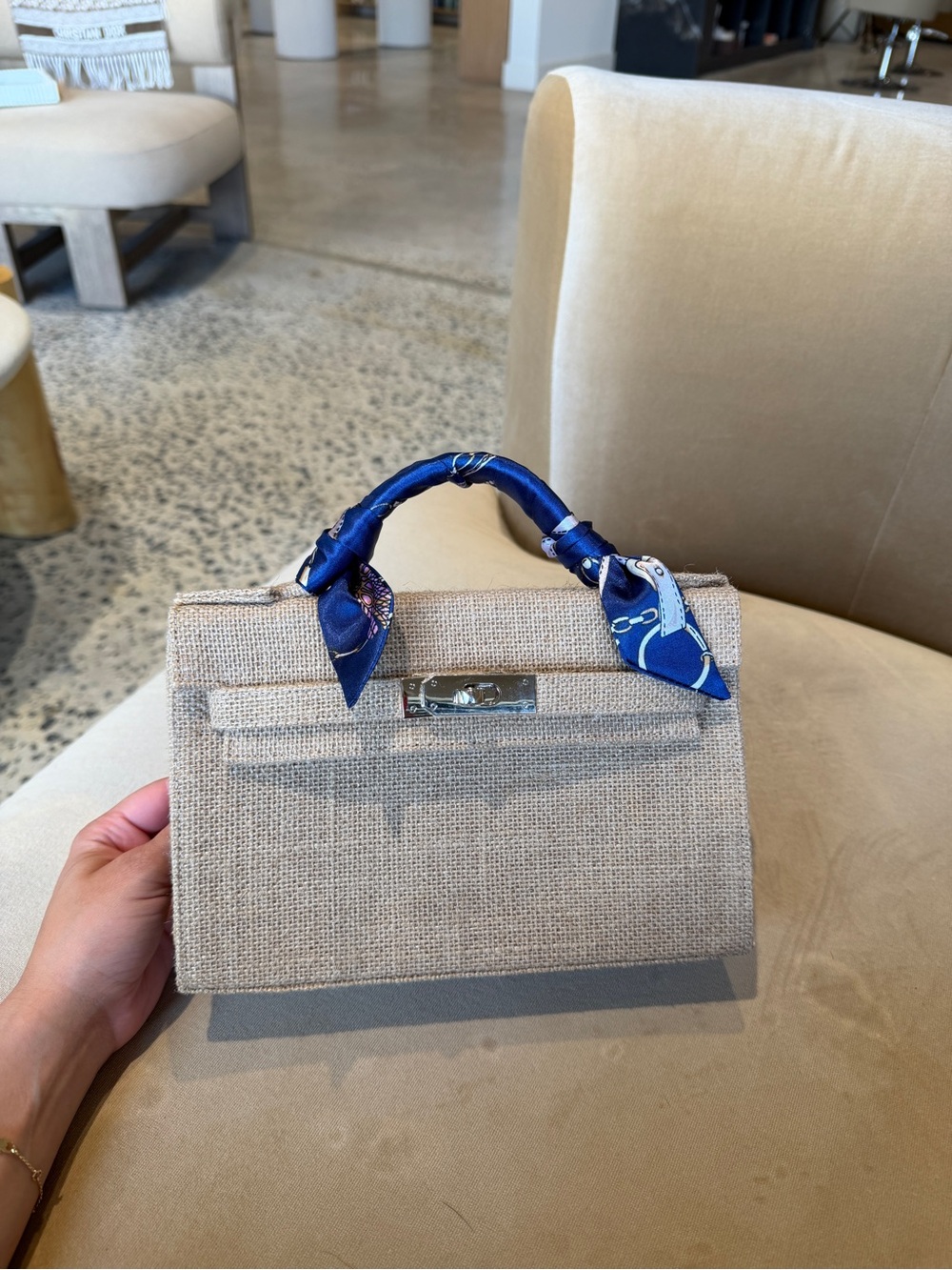Blue-Accented Natural Tote Bag